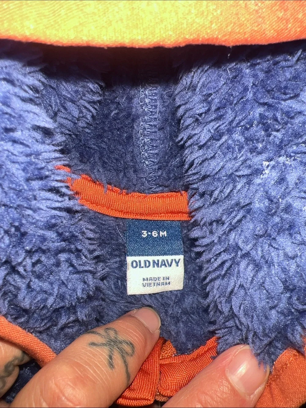 Old Navy Navy and Blue Plush Hooded Baby One-Piece with Orange Trim